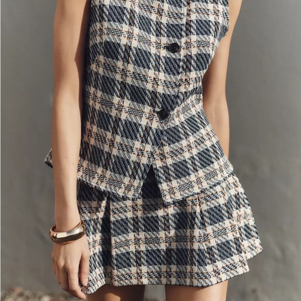 TEXTURED PLAID WAISTCOAT , Plaid Sleeveless Dress - Picture 2 of 6
